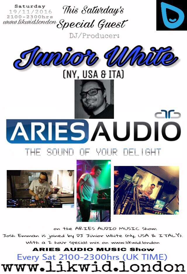josh_emman's tweet photo. 📻ARIES AUDIO MUSIC Show
On https://t.co/UJCpsan1Nn
Every Sat 2100-2300hrs UK TIME

Special Guest 2hr mix by: @JuniorWhiteDJ 

@likwidlondon https://t.co/dlUn4NChUp
