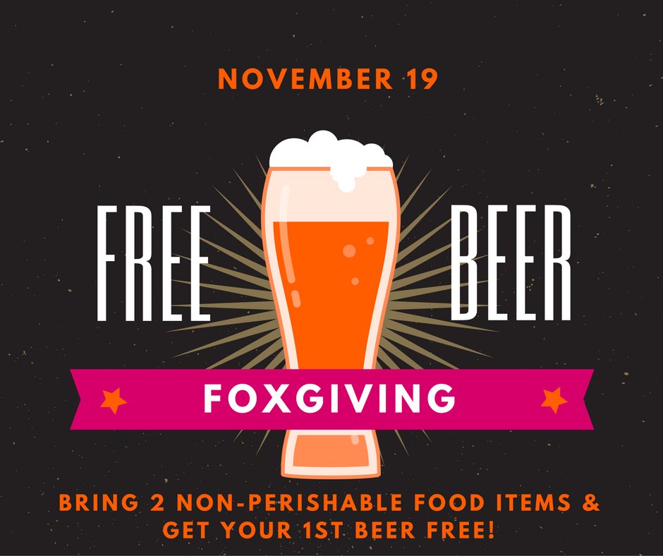 foxbrewco's tweet photo. Who wants a free beer? Help us help the local food pantry by bringing 2 non-perishable food items and your first beer is free! #foxgiving https://t.co/cTgkU8sWi0