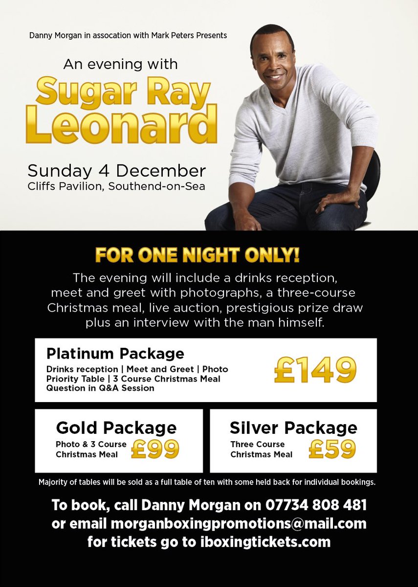 2 weeks till Sugar Ray Leonard come's to the Cliffs Pavilion in Southend. For tickets go to.........   iboxingtickets.com/t/an-evening-w…