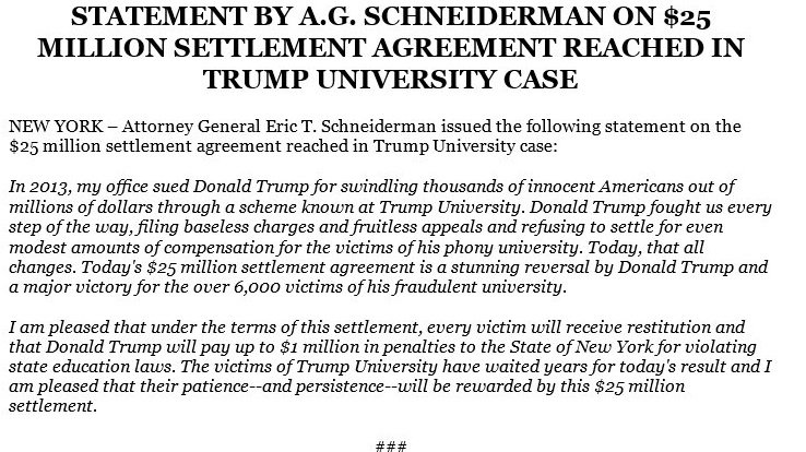 BREAKING: New York attorney general announces $25 million settlement in Trump University case. https://t.co/kEQ0dLjPdK