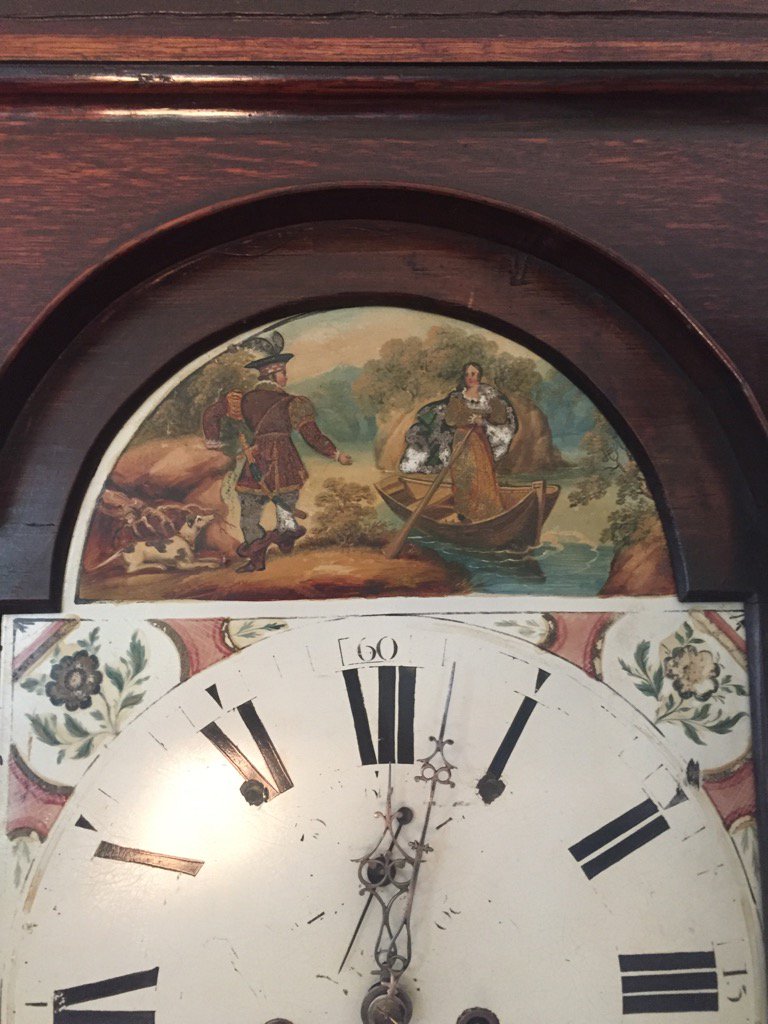 JordanClocks's tweet image. Early American #floorclock Circa:1850. A beautifully painted scene in the arch of this oak quarter sawn floor clock