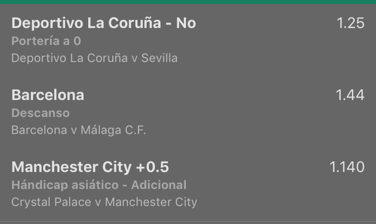 andgba's tweet photo. Pick 5:
Deportivo vs Sevilla 
Barça vs Málaga 
Crystal vs Man City
▶️Sevilla marcará + Barça gana al descanso + City o X
@2,05
Stake 1 https://t.co/ku6qHkVjbH