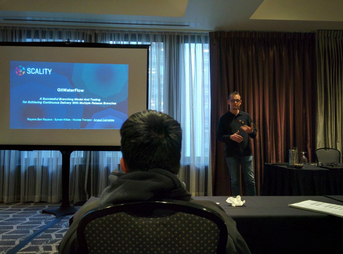 eikke's tweet image. Arnaud, @Scality #RELENG engineer, introduces our #GitWaterFlow process and tooling to #RELENG16 attendees. Paper at dl.acm.org/citation.cfm?i…
