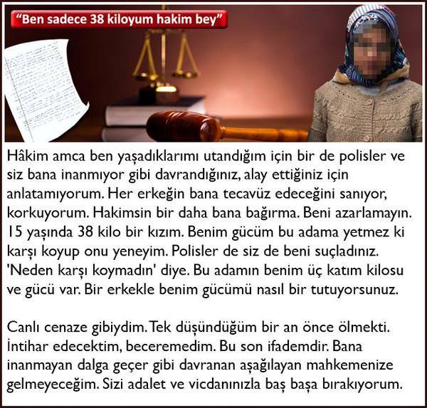 Afra7166MHP's tweet photo. 15 yaşındaki Z.C, kendisine tecavüz eden 8 sapığı "rızası oldu" diye salan hakime şu mektubu yazalı 1 yıl oldu.
#TecavüzMeşrulaştirilamaz https://t.co/1rLDcVI38p