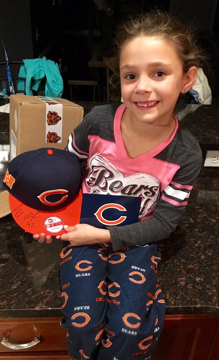 Thanks <a href="/ChicagoBears/">Chicago Bears</a> <a href="/BearsOutreach/">Chicago Bears</a>! Received her <a href="/PernellMcPhee/">Pernell McPhee</a> autographed hat today and was thrilled! Raise em right! #thanksbearsfans