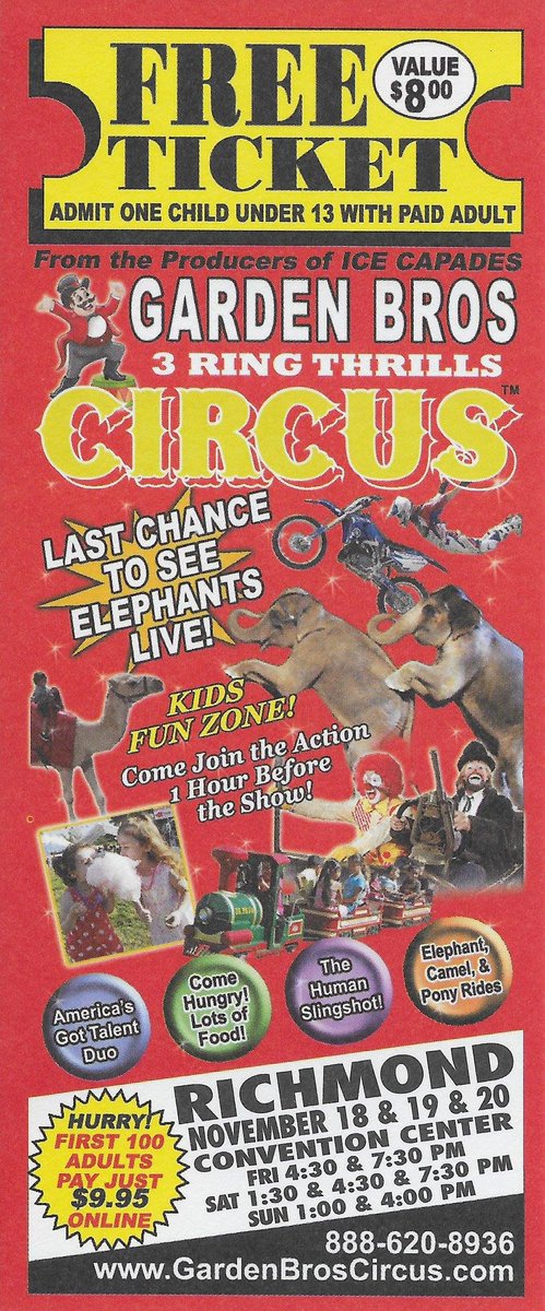 This w'end (18-20 Nov) in #RVA - <a href="/gardenbrocircus/">Garden Bros Nuclear Circus</a>!
1st 100 adult tkts online $9.95 gardenbroscircus.com
+ print attached free kid's tkt !