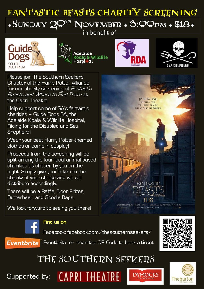 SammiRaRa's tweet photo. @NatTenaLady I hear you need more details for #fantasticbeasts #southernseekers charity screening #CapriTheatre 141 Goodwood Rd, Goodwood https://t.co/pVtD9RNeWs