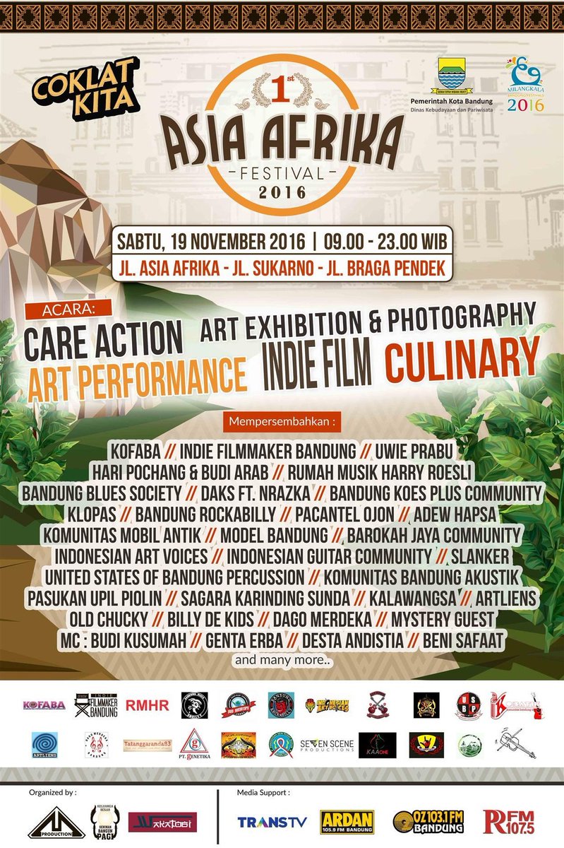 The First Asia Afrika Festival 2016
Sabtu, 19 November 2016 | 09.00 - 23.00 WIB
Jl. Asia Afrika - Jl. Braga Pedek