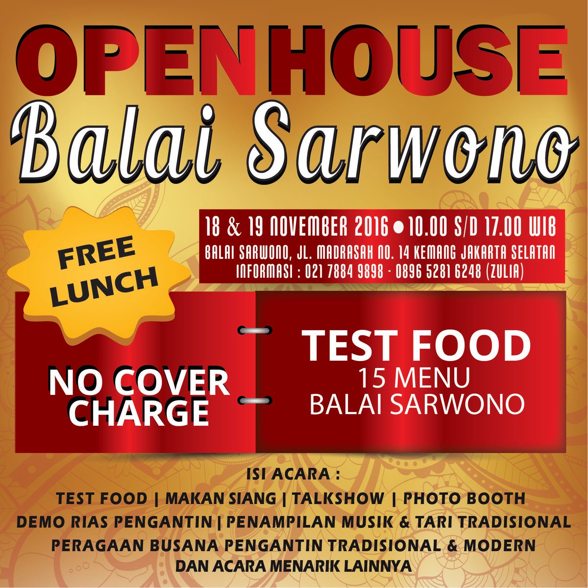 Open House Balai Sarwono tinggal hari ini! Butuh venue wedding, reuni, gathering, party, atau kegiatan perusahaan? Kunjungi Balai Sarwono ya