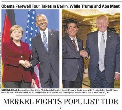 Wsjに掲載された 枚の写真 オバマ米大統領は さよなら旅行 でドイツのメルケル首相と握手 先のトランプ氏勝利に寄せた メルケル首相と安倍首相の言葉の 違いをよく表している 人権や人道を重視し 差別思想に反対する明確なメッセージを堂々と表明する政治指導者と それを