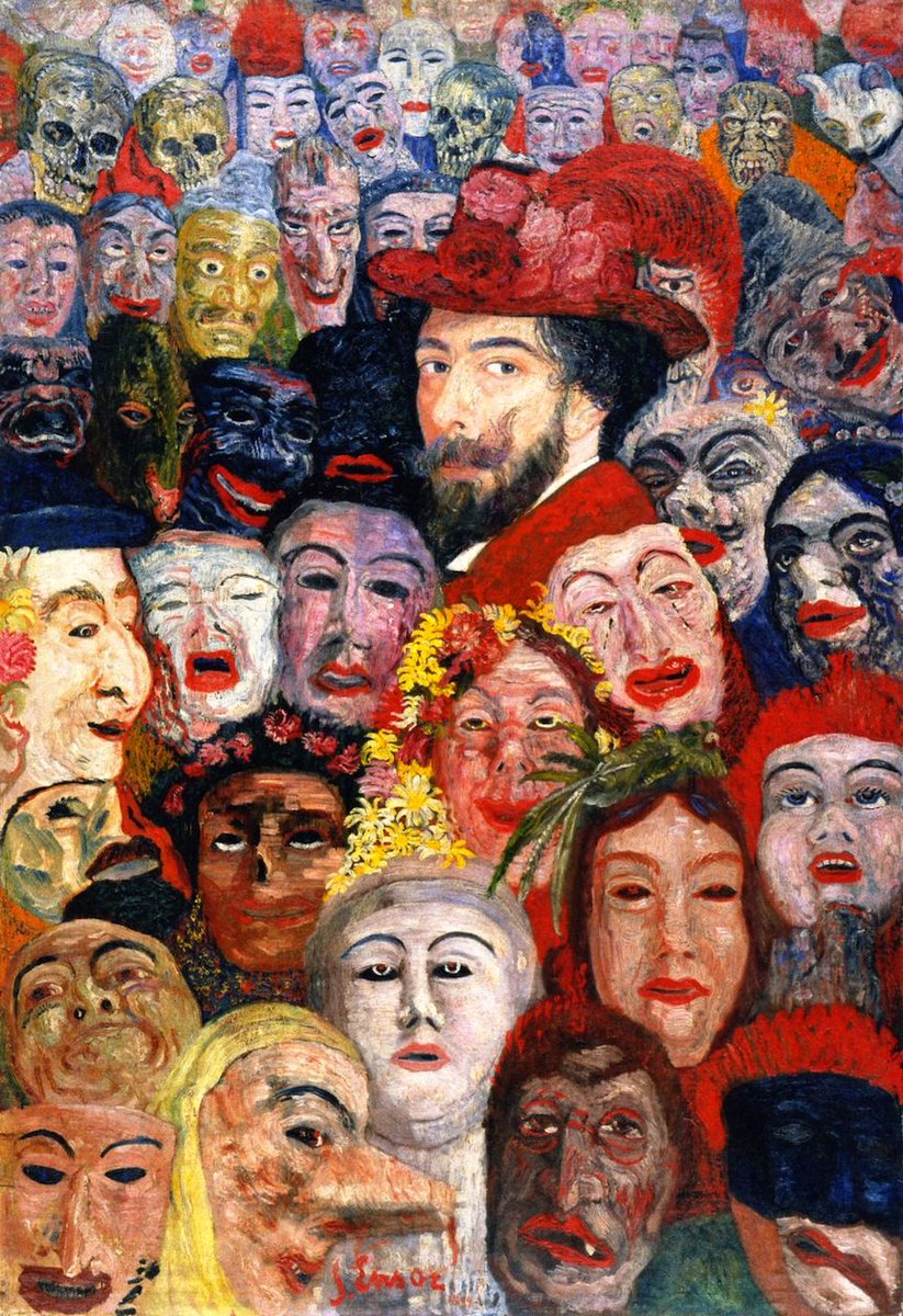 saatchi_gallery's tweet photo. Belgian painter James Ensor died #otd in 1949. His playful "Self-Portrait with Masks" (1899) pulls dark beauty from the absurdly grotesque. https://t.co/gUpULgj49p