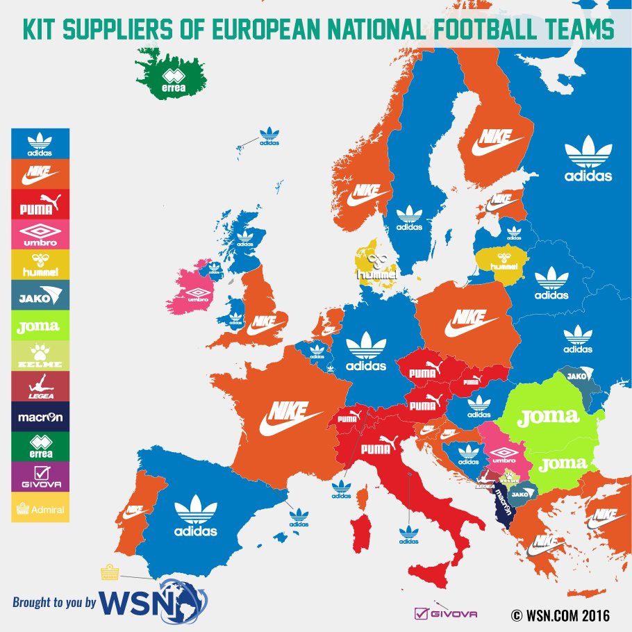 Simon Kuestenmacher Twitter: "#Map shows kit supplier national #soccer #football teams in Europe. @adidas most common. Interesting article: https://t.co/AZqfTvCCSK / Twitter