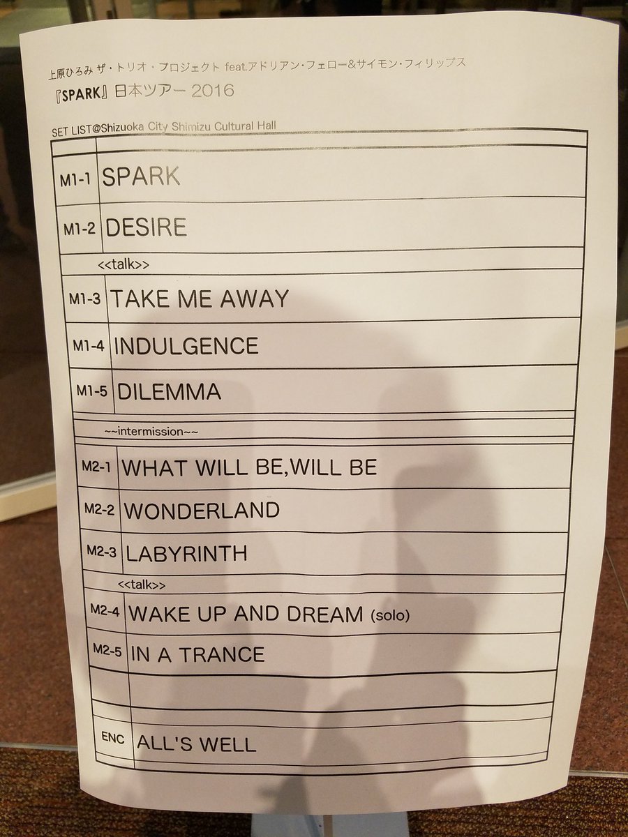 Izumih0705's tweet photo. 今日のセトリ🎵

#HiromiUehara #TheTrioProject #SimonPhillips #HadrienFeraud  #上原ひろみ #ザトリオプロジェクト #SparkTour #静岡 #清水文化会館マリナート https://t.co/lnKumEAJrv