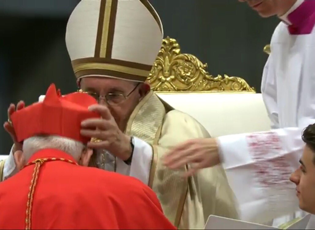MarcoMancio82's tweet photo. #Concistoro #Papa impone berretta a card. #ErnestSimoni martire di #Albania e gli bacia la mano @acistampa https://t.co/aj2T7CVanW