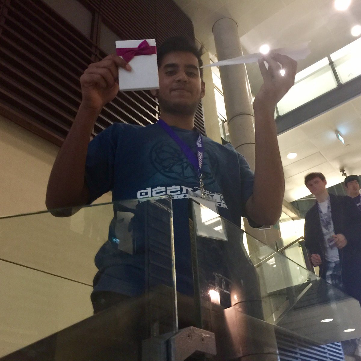 hackwithix's tweet photo. Congrats Yusef for flying the farthest paper plane! Check out the distance it flew! #HackWithIX https://t.co/GgG89ofXMo