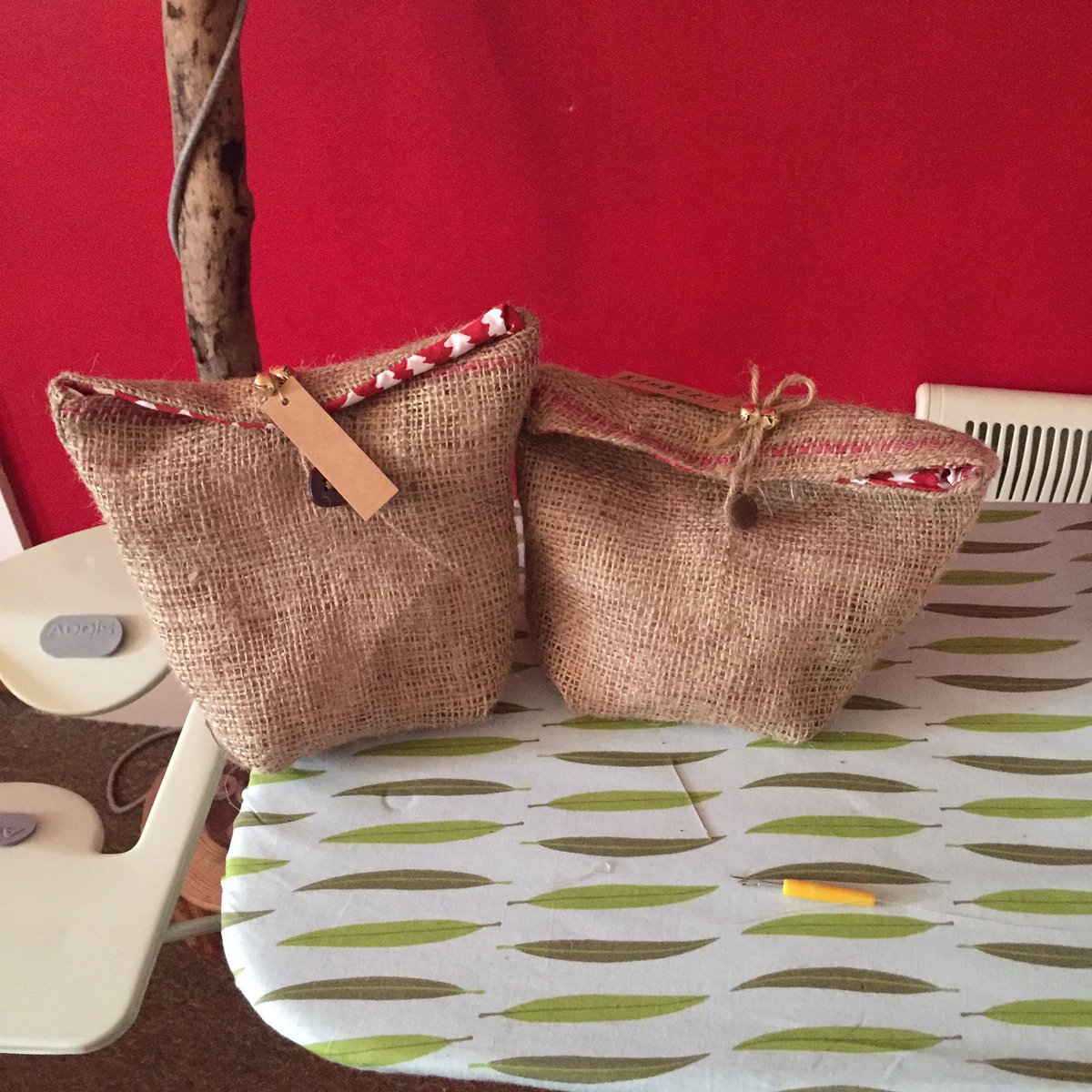 Mungo_Moose's tweet photo. Making Christmas gift bags from upcycled hessian sacks. Excellent Saturday morning. #craft #upcycle https://t.co/kbLLpvBOqL