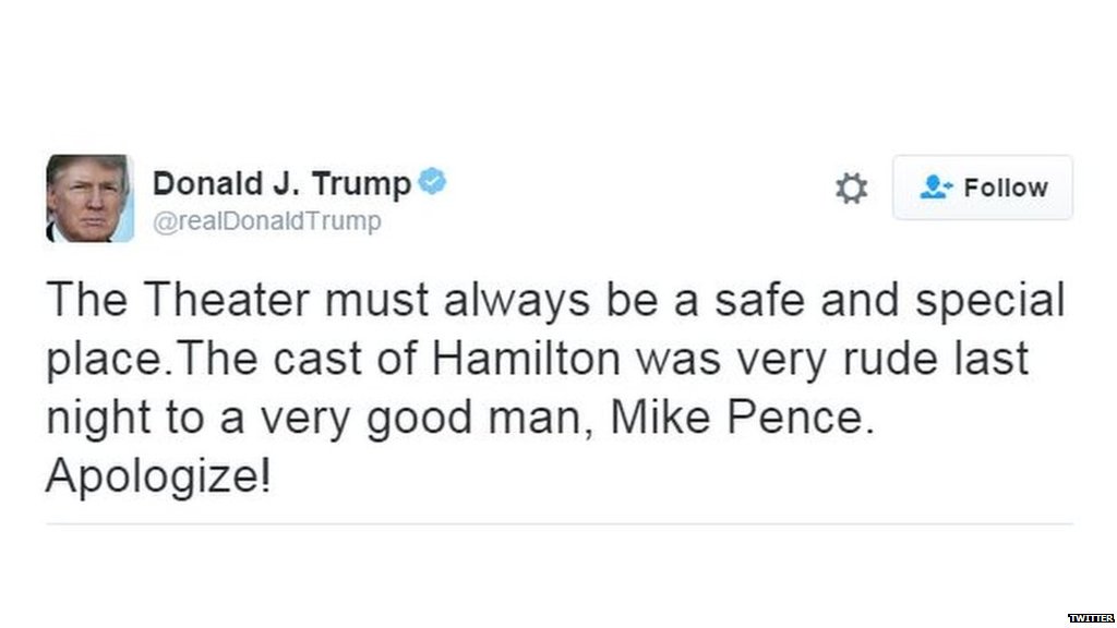 BBCWorld's tweet photo. .@realdonaldtrump demands an apology after VP-elect @mike_pence is booed at Hamilton musical
https://t.co/xipPuPUpQe https://t.co/wKxY8f8ldZ