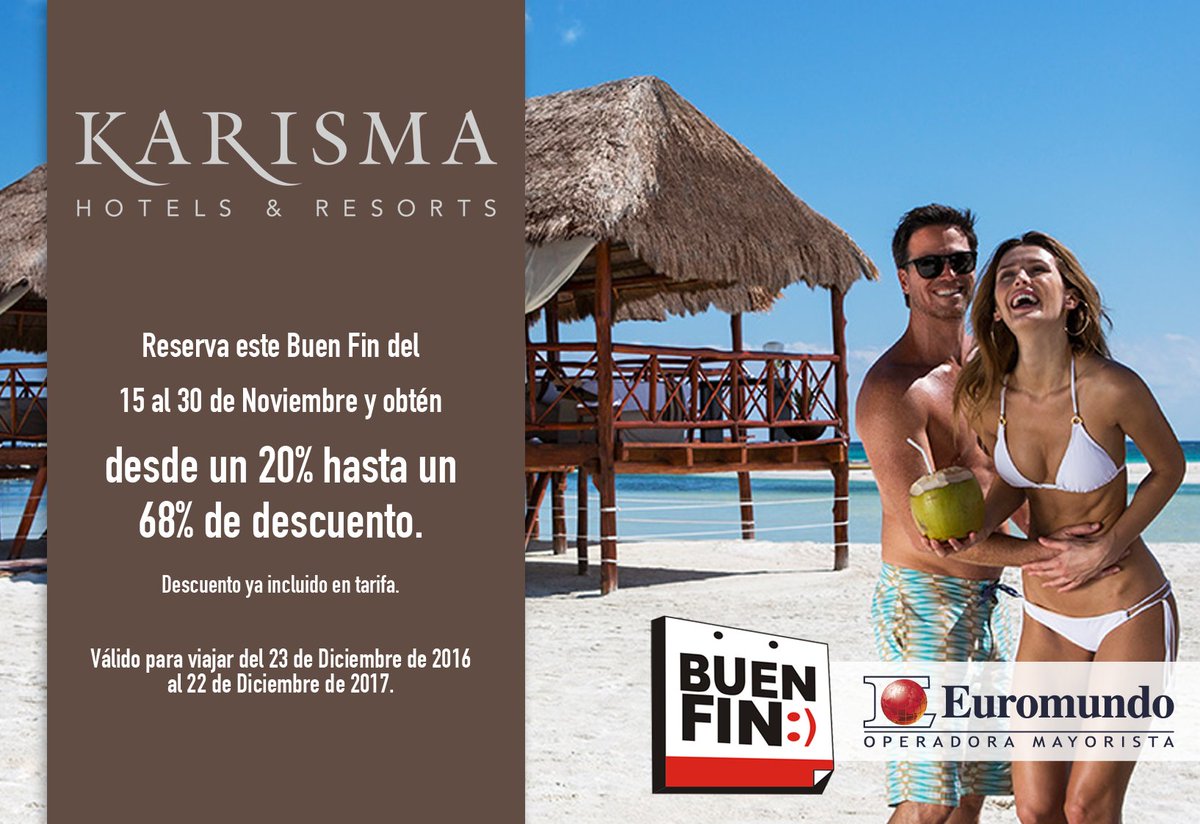 Estamos listos este #BuenFin y Hoteles Karisma también. #PreguntaATuAgenteFavorito y vete de vacaciones.