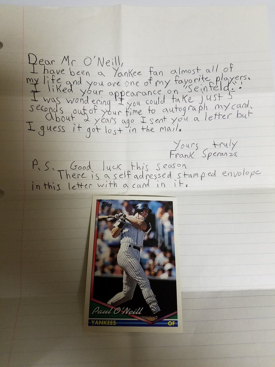 FrankSperanza's tweet photo. When I was 12 years old in 1994, I sent this letter to @PaulONeillYES hoping for a returned signed card...it was sent back blank. https://t.co/GmYMSbfI7X