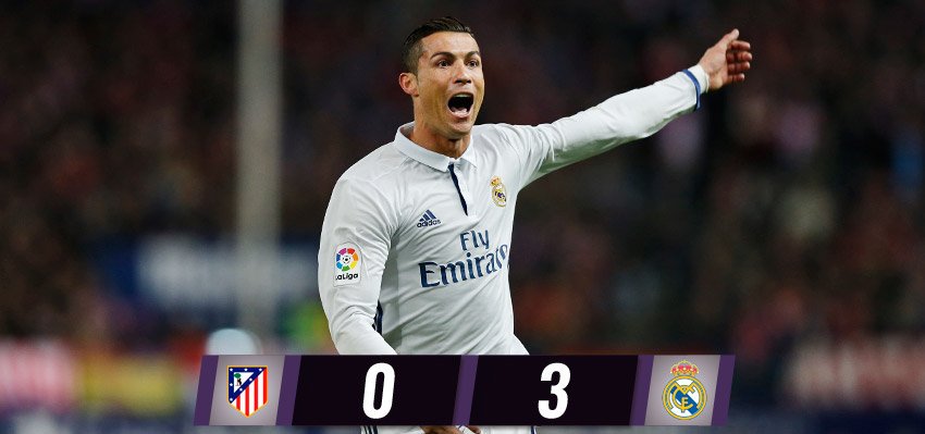 #LaLiga
FT: Atlético 0-3 <a href="/RealMadrid/">Real Madrid C.F.</a> (23', 71' (p), 77' <a href="/Cristiano/">Cristiano Ronaldo</a>).

#HalaMadrid #MadridHayUnoSolo
