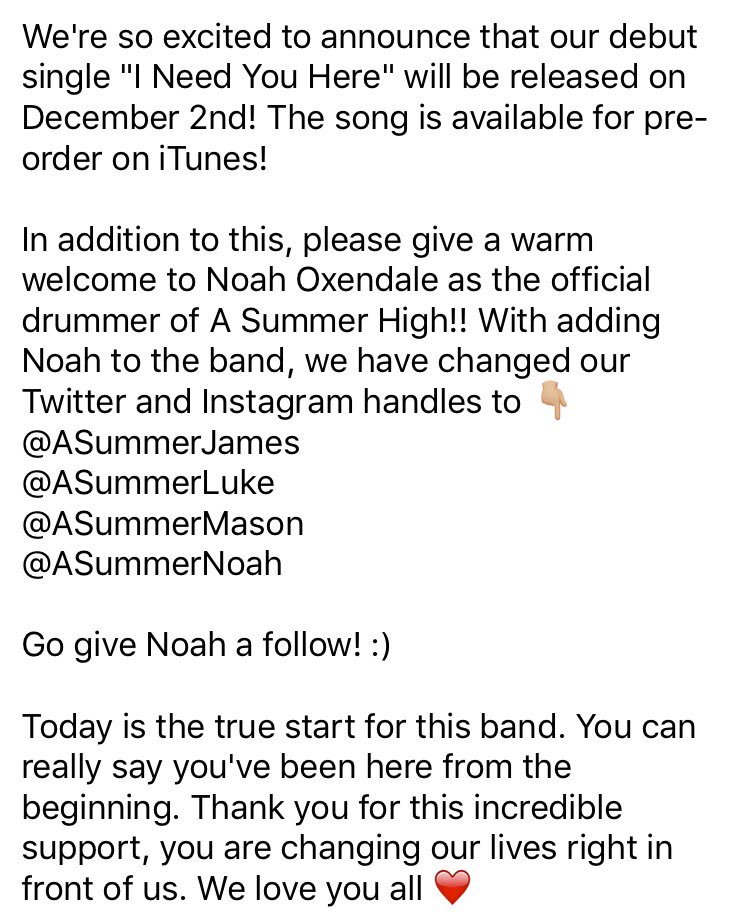 ASummerHigh's tweet photo. Our debut single "I Need You Here" will be available December 2nd!
#iNeedYouHere #ASHsingle
Pre-order here: https://t.co/smDHzpJT2i https://t.co/Wu2JTaTjgG
