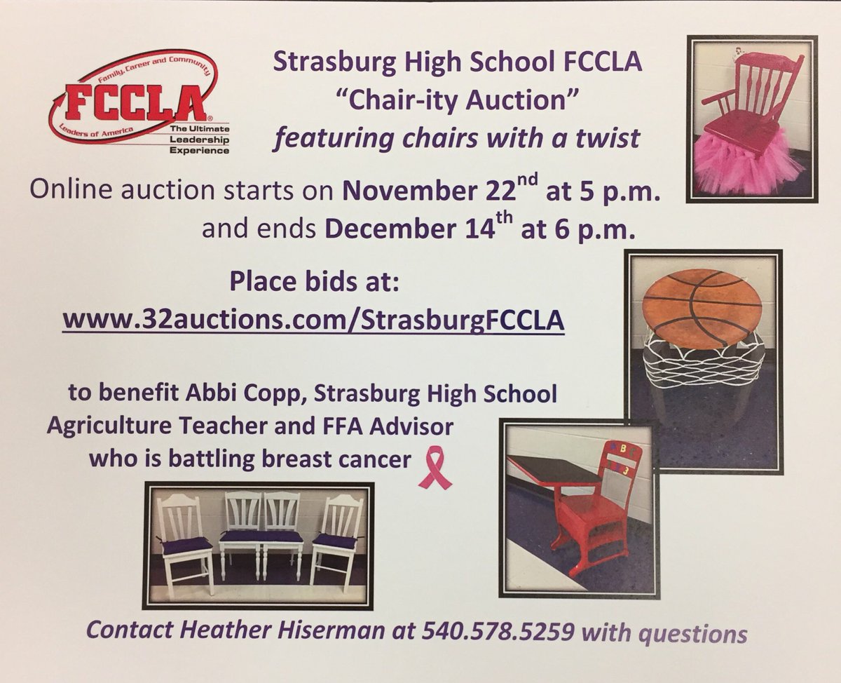 StrasburgHS's tweet photo. @StrasburgFCCLA is hosting a "Chair"-ity auction to benefit #teamcopp. Cool chairs; great cause. Get online and bid!! https://t.co/w7NNejtCnj