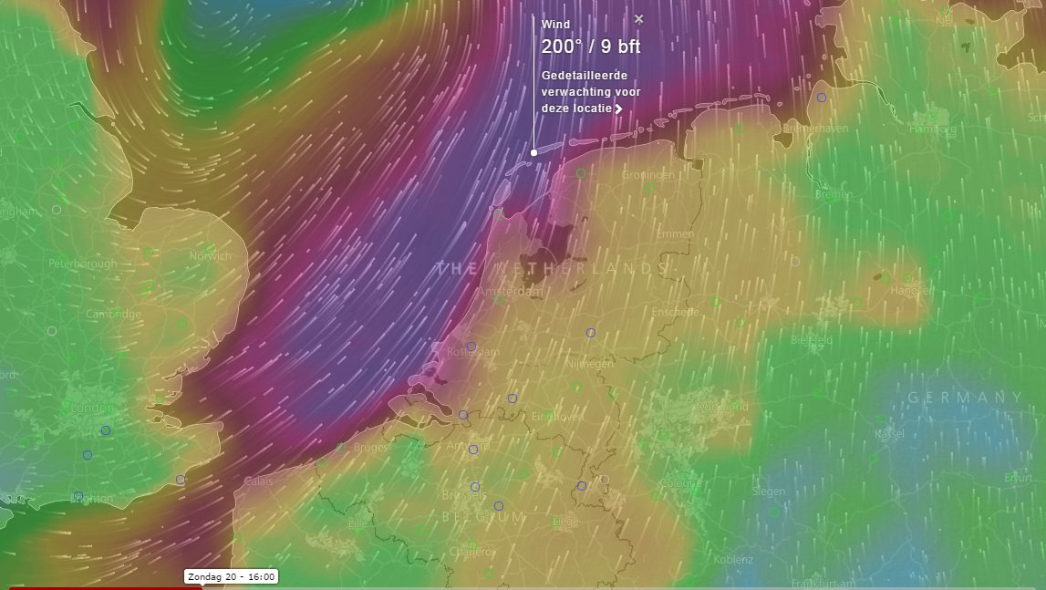 Scannernet's tweet photo. Weermodel GFS voorspelt voor morgenmiddag nog iets meer wind: ZW 9 bft. langs de kust. In het noordelijk kustgebied windstoten tot 110 km/u https://t.co/fTVHSnE74Y