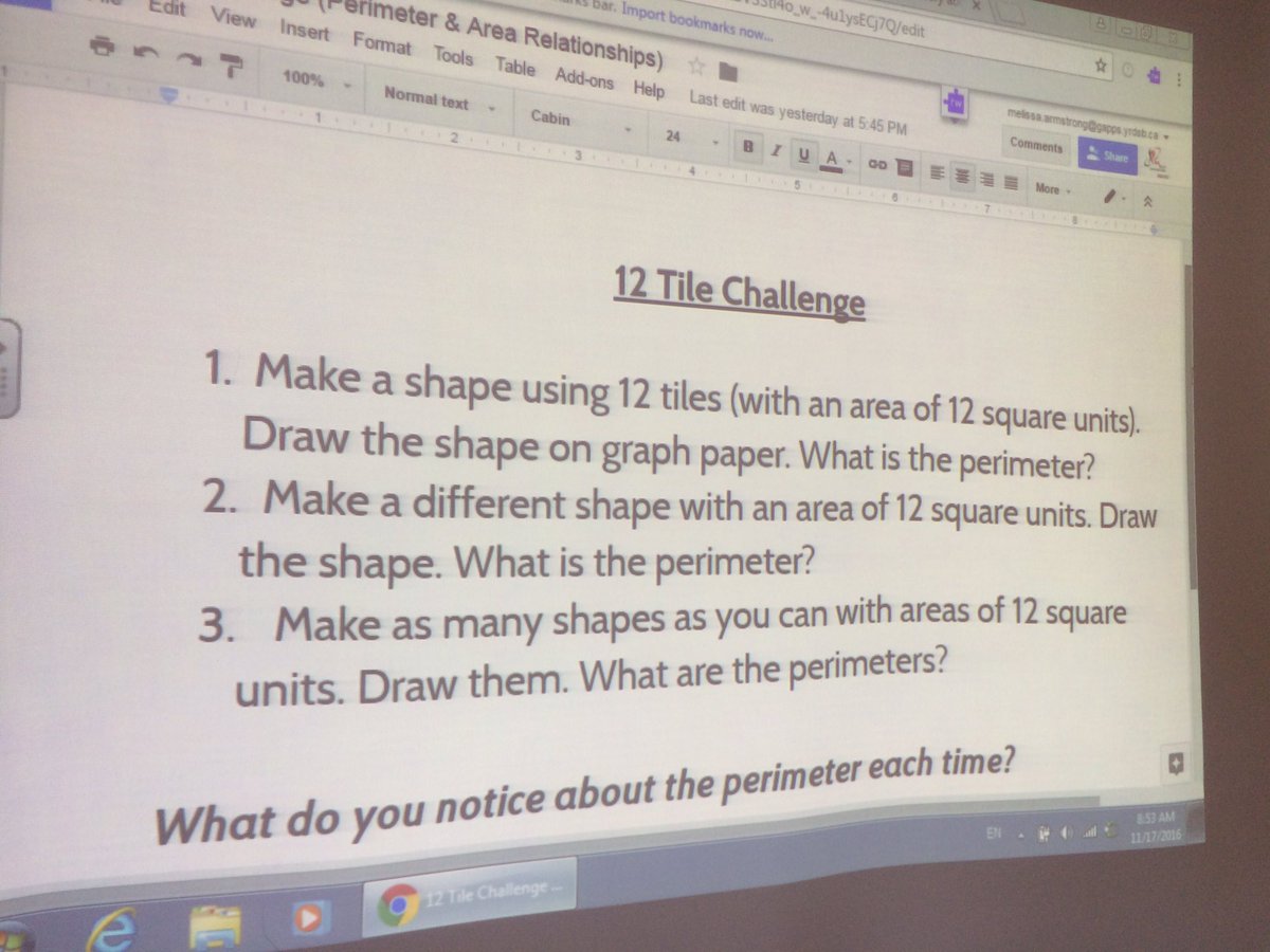 ArmstrongMelis's tweet photo. How many shapes can you make w/12 tiles?What happens to perimeter each time?Exploring relationships btwn area, length, perimeter #yrdsbmath https://t.co/VLTvFp6qKG