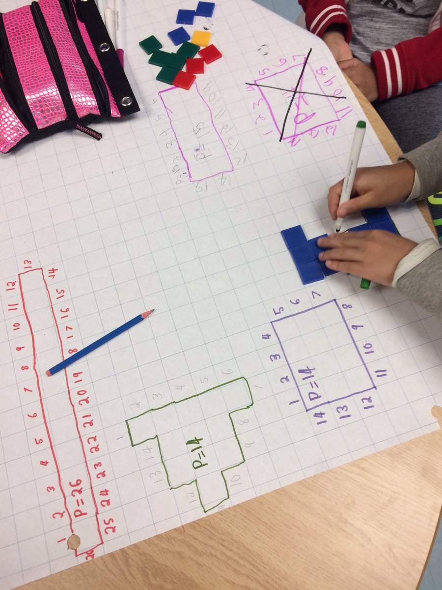ArmstrongMelis's tweet photo. How many shapes can you make w/12 tiles?What happens to perimeter each time?Exploring relationships btwn area, length, perimeter #yrdsbmath https://t.co/VLTvFp6qKG