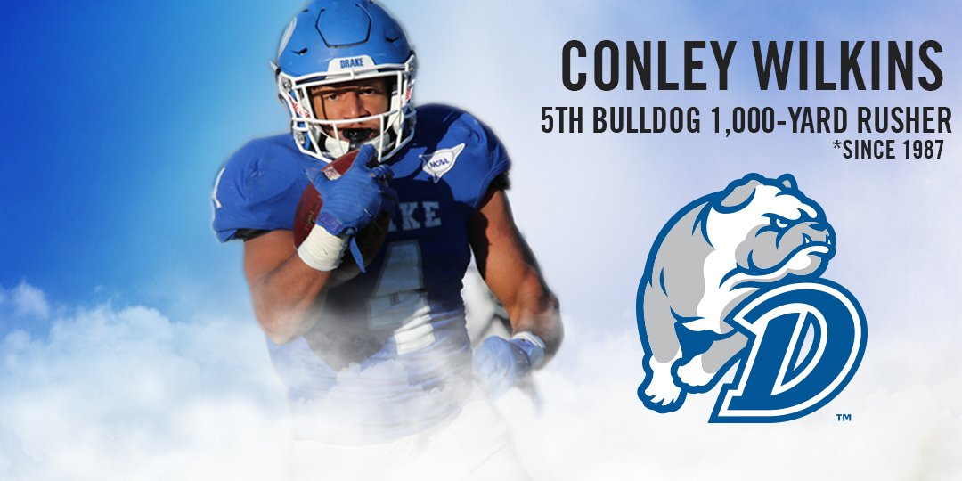 DrakeBulldogsFB's tweet photo. On Drake's first play, Conley Wilkins ran for 72 yards, becoming the first Bulldog 1,000-yard rusher since 2007 #DURiseUp https://t.co/dAffwfn3aJ