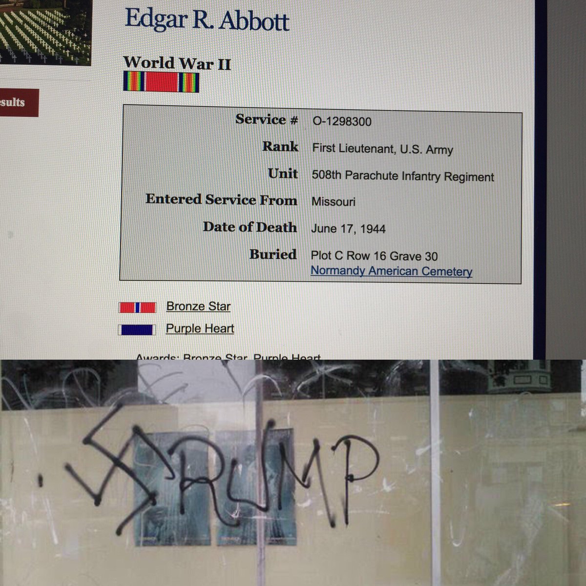 Gr8stGeneration's tweet photo. 1LT EDGAR ABBOTT of MO died 6/17/44 to defeat Nazis and Swastika, which some @RealDonaldTrump supporters now revel under, in PHILADELPHIA PA https://t.co/lhGJei6y2o