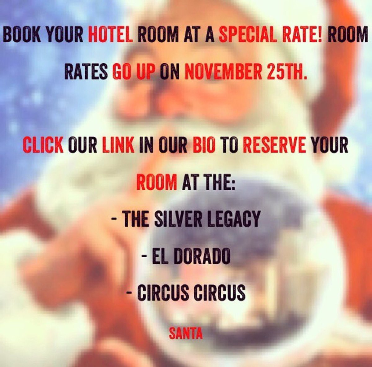 SilverLegacy's tweet photo. Snag a room while rates are low! #SilverLegacy is the #OfficialHotel of the #RenoSantaPubCrawl2016! #SupportTheClaus #DowntownReno https://t.co/24I5cTBJOf