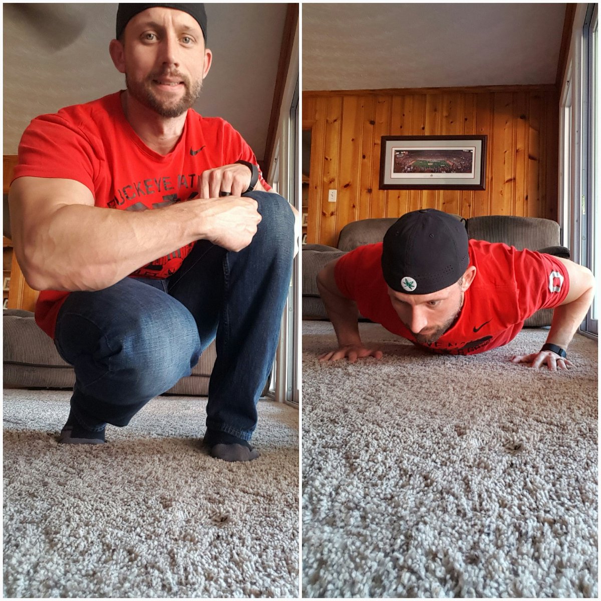 TonyBonawit's tweet photo. Halftime Burpees!  Trying to help with the frustration of watching this game. #OSUvsMSU #buckeyes #GoBucks #osu #osufootball https://t.co/dBwHzEr43V