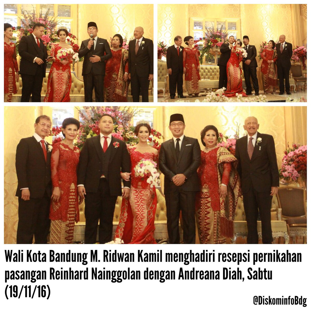 halo_bandung's tweet photo. Wali Kota Bandung @ridwankamil menghadiri resepsi pernikahan pasangan Reinhard Nainggolan dengan Andreana Diah, Sabtu  (19/11/16) https://t.co/6F0cihoENo