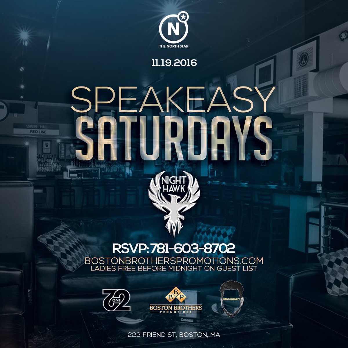 TONIGHT! <a href="/BostonBrosPromo/">Boston Brothers, LLC</a> &amp; Speakeasy Saturdays r back! DJ NightHawk spins Top 40 &amp; Hip Hop all nite long!