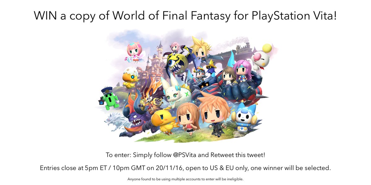 PSVita's tweet image. It's the-giveaway time! For a chance to win World of Final Fantasy for #PSVita: Follow us and RT this tweet! #Vita