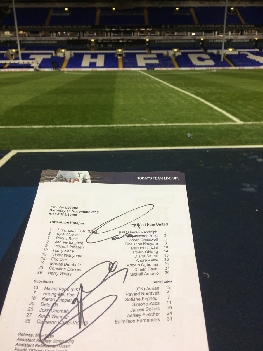 SpursOfficial's tweet image. RT and follow @SpursOfficial for a chance to win a teamsheet signed by @HKane and @HarryWinks from today's 3-2 victory over West Ham! #COYS