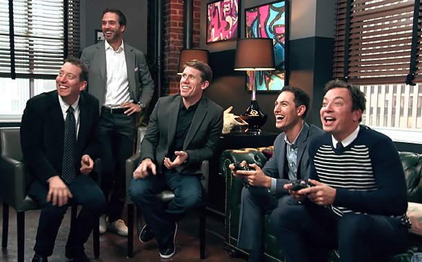 EW's tweet photo. Jimmy Fallon gets destroyed in an epic game of #MarioKart—by NASCAR drivers: https://t.co/t8zH7BBNfN https://t.co/7xZzWPwbYZ