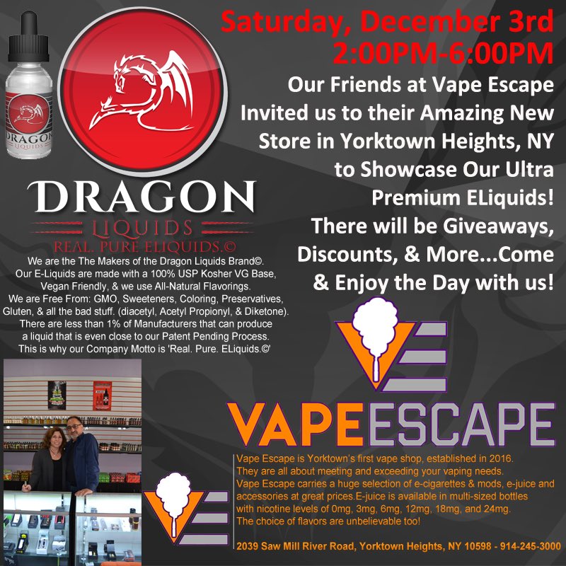 DragonLiquids's tweet photo. Come and Meet us #vapefam @vapeescapeny #nyvapers #nyvapors #nyvape #vape #dragonliquids #premiumeliquids #AllVG #NoPG https://t.co/yZYIxNRlKs