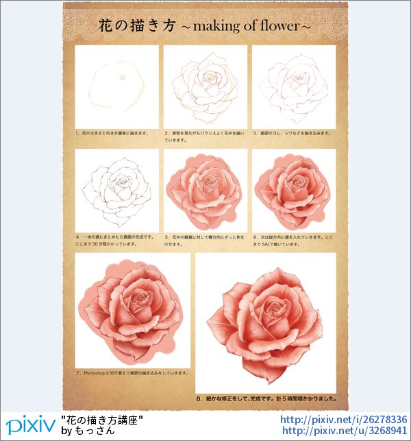 Pixivision 人物の心情を表したい時や 背景のポイントとして花を描き たいなと思ったことはないっぴか 今回は モチーフにもよく使われる 薔薇 バラ の描き方をご紹介するっぴ 薔薇 バラ の描き方 簡単にバラの イラストをそれっぽく描く