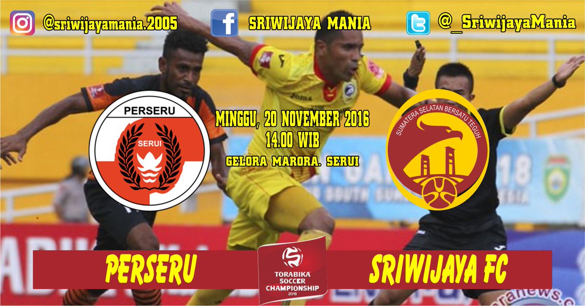 TODAY IS SRIWIJAYA FC

Torabika Soccer Championship 
PERSERU SERUI vs SRIWIJAYA FC
Minggu, 20 November 2016
14.00 WIB
Gelora Marora, Serui
