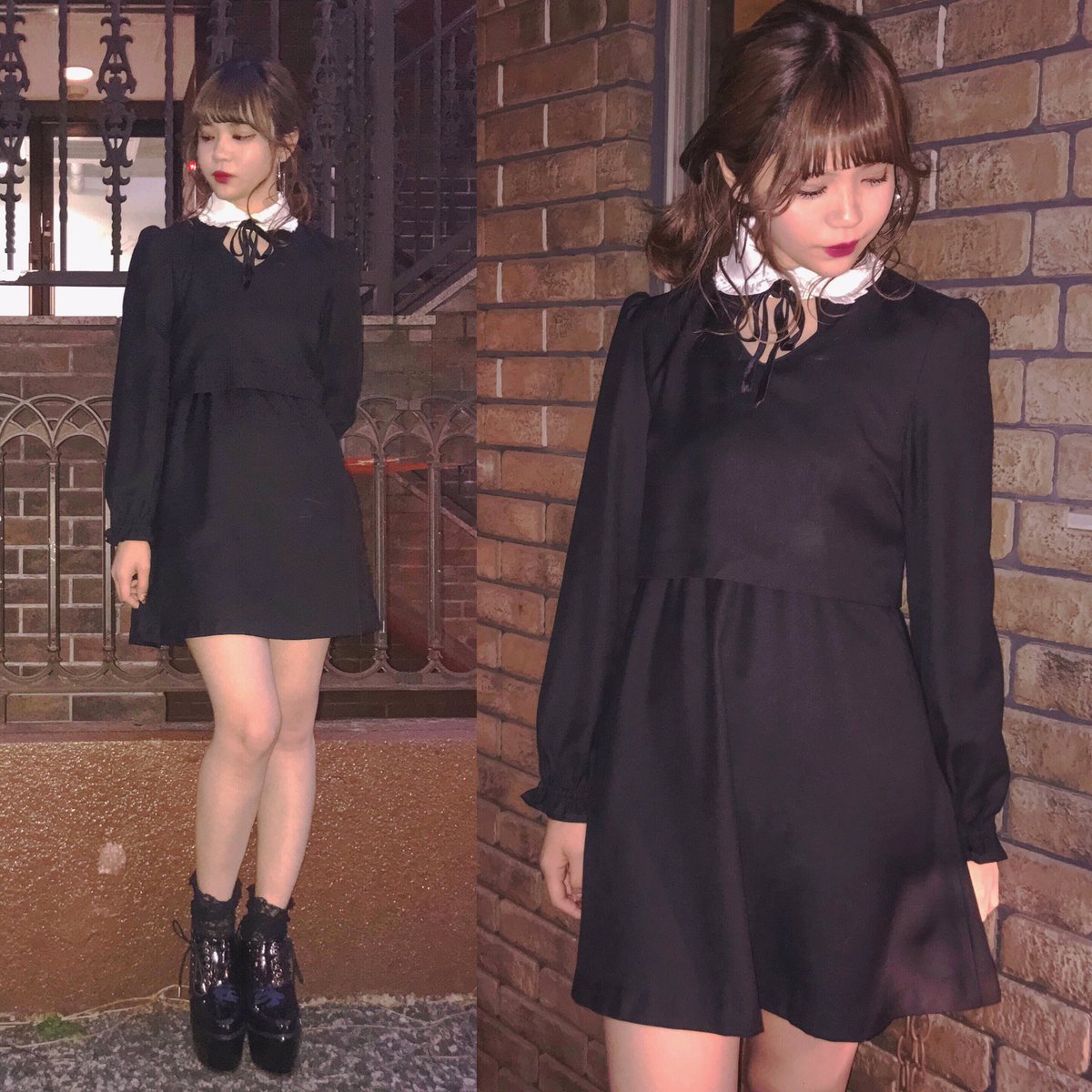 Bubbles Tokyo Pick Up Item セットアップ風のガーリーなワンピース ショート丈のトップスを合わせたような 珍しいデザインに ウエスト位置も高いから脚長効果も 胸元のリボンはベロア素材なので冬らしい印象に T Co