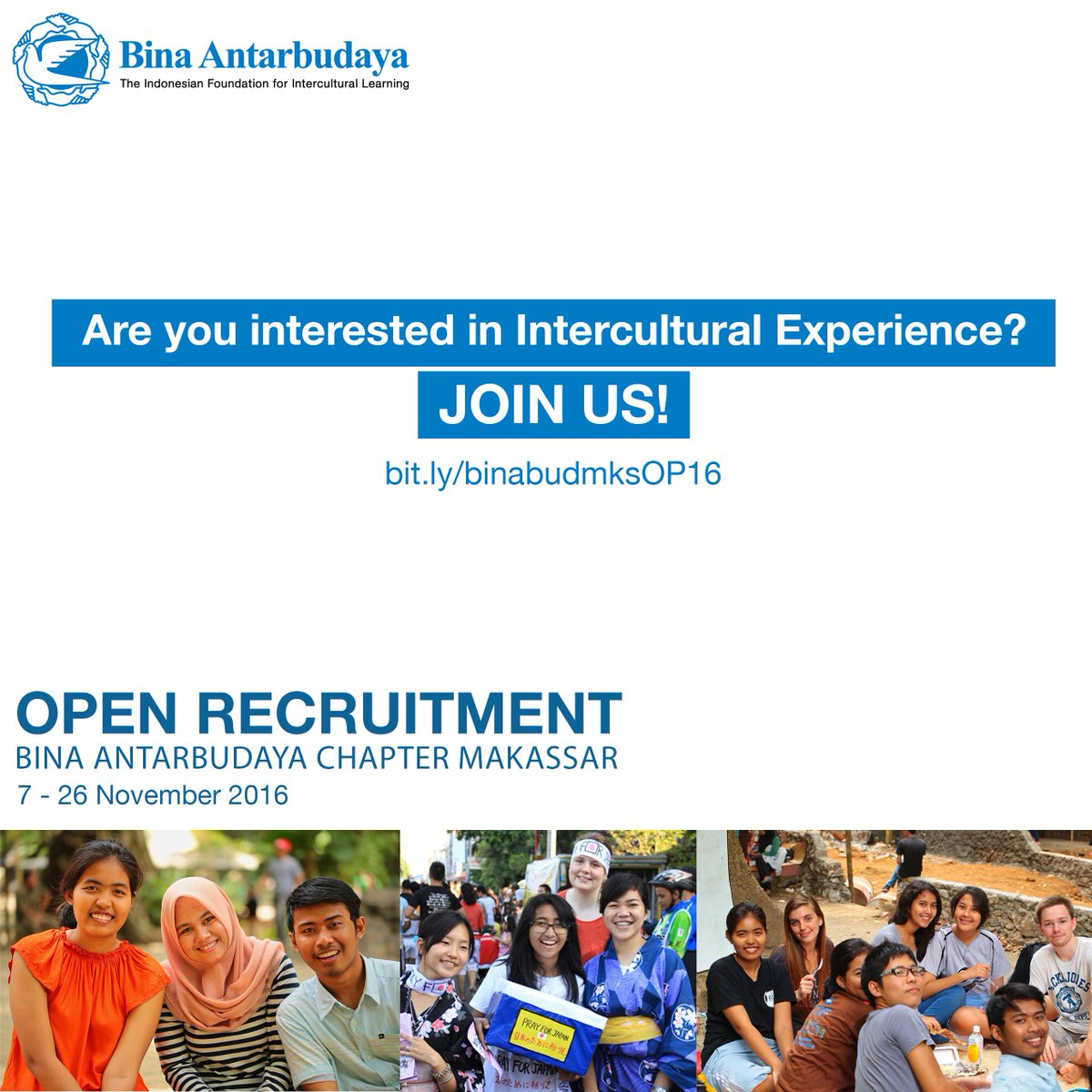binabudmks's tweet photo. Interested in Intercultural Experience? OPRECBinabudmks is still open until November 26th, 2016! Daftarkan diri kamu https://t.co/RU8QTcxaeg https://t.co/jVJ8B79vUB