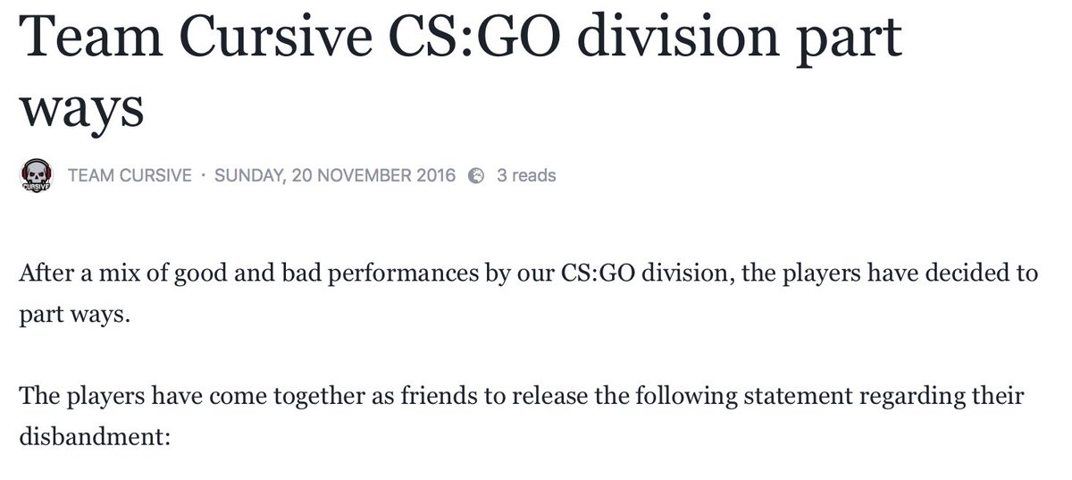 Cursivegg's tweet image. Team Cursive CS:GO division folds... Read more at bit.ly/2g7Qgnk