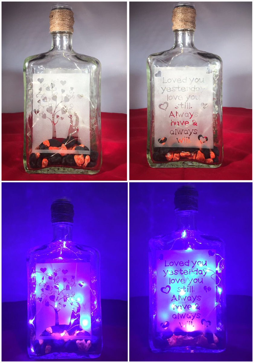 monkeydebris_c's tweet image. Upcycled Disaronno bottle with blue LED lights &amp;amp; coloured stones. &quot;Loved you yesterday love you still. Always have and always will&quot;.