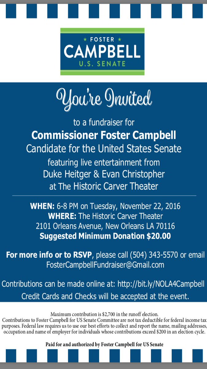katherine_cecil's tweet photo. Nola Fundraiser for #FosterCampbell this Tuesday at the #CarverTheater #DukeHeitger #EvanChristopher https://t.co/Mufm14xNV5 https://t.co/VTXpLTzj7A