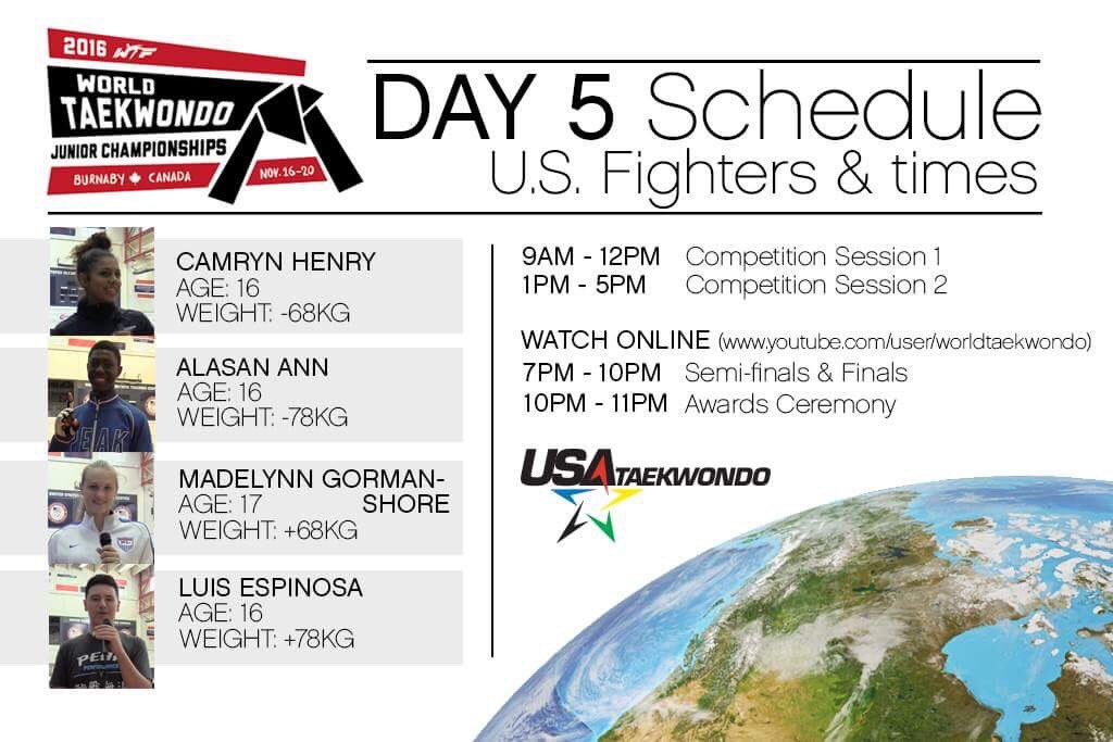 USA_Taekwondo's tweet photo. Good morning from Burnaby, CAN on day 5 of competition! Good luck to all of the Team USA athletes competing today. #USATKD #2016JWTC https://t.co/WDHzVBm5D5