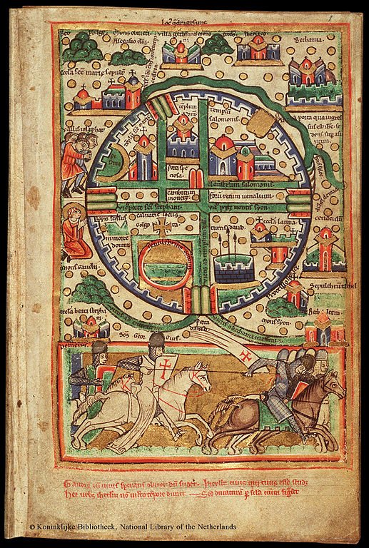 Libroantiguo's tweet photo. Map of Jerusalem, 12th Century. The Hague, Koninklijke Bibliotheek, 76 F 5. https://t.co/g4eL4VpT9y