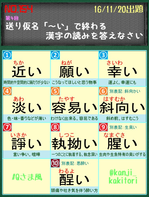 書けそうで書けない漢字 A Twitteren それでは正解を発表します W 参加してくださった皆さんありがとうございました 次回もよろしくお願いします No 154 正解 送り仮名 い で終わる漢字の読みを答えなさい 4 Qさま風