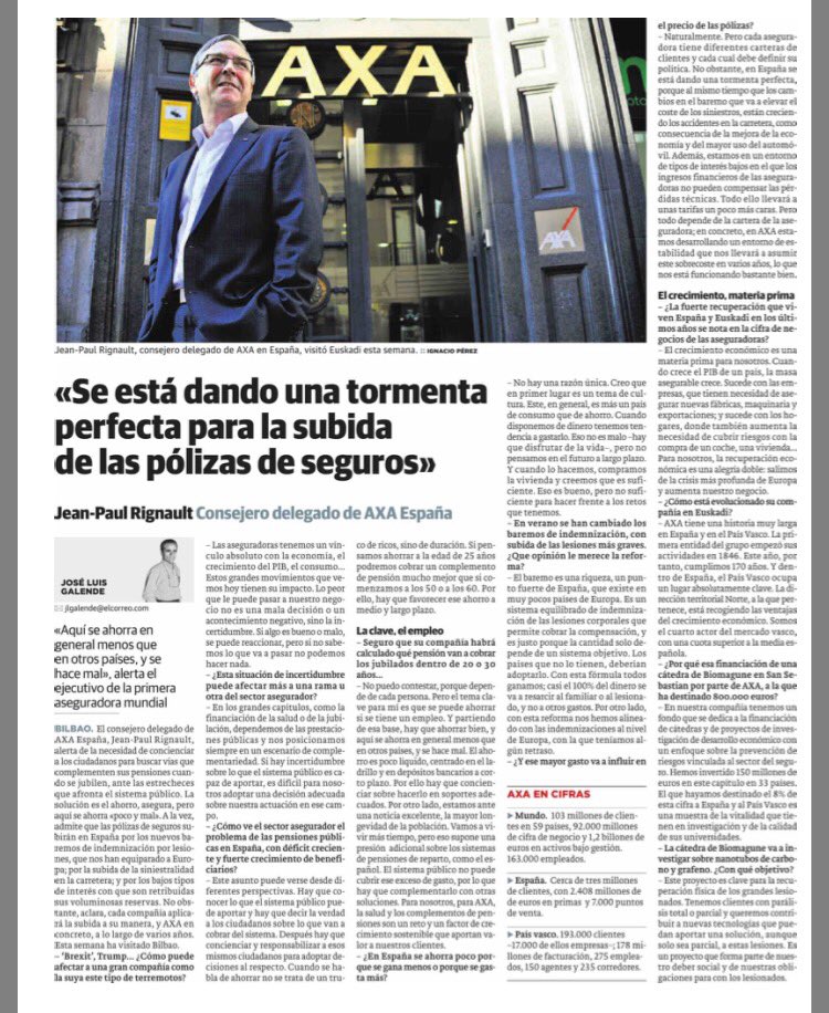 LSaezJauregui's tweet photo. ☝🏼️ Magnífica entrevista a Jean Paul Rignault, CEO de AXA, en El Correo Español-El Pueblo Vasco.
Léelo aquí: https://t.co/xDFyNqH572